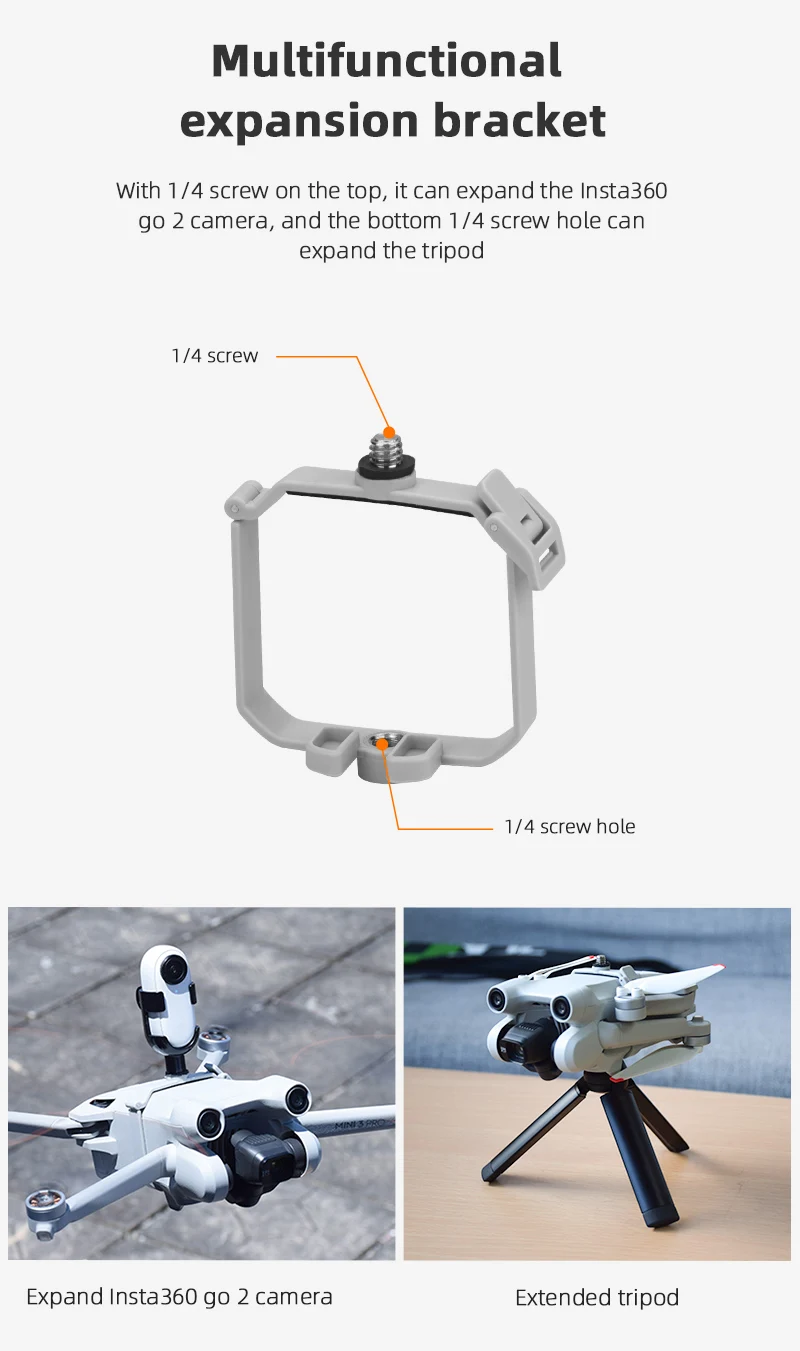 Multifunctional expansion bracket With 1/4 screw on the top, it can expand the Insta360 go