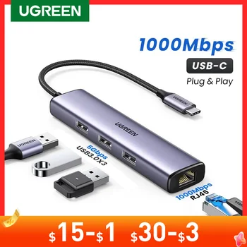 UGREEN-USB C 허브 USB 이더넷 어댑터 유형-C to USB3.0 1000Mbps RJ45 Lan, 노트북 Macbook Windows MacOS USB 허브 네트워크 카드