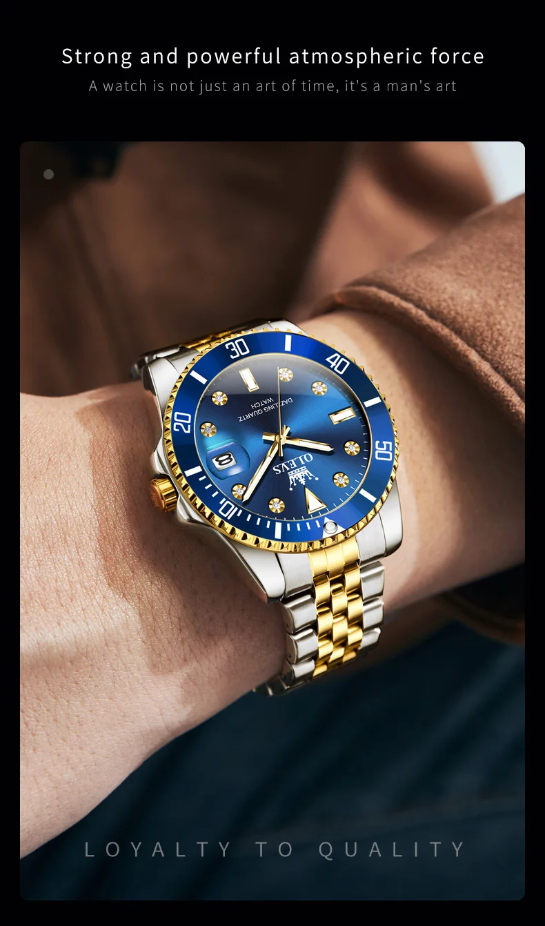 Luxury Mens Analog Quartz Watch - Submarine Series with One-Way Bezel