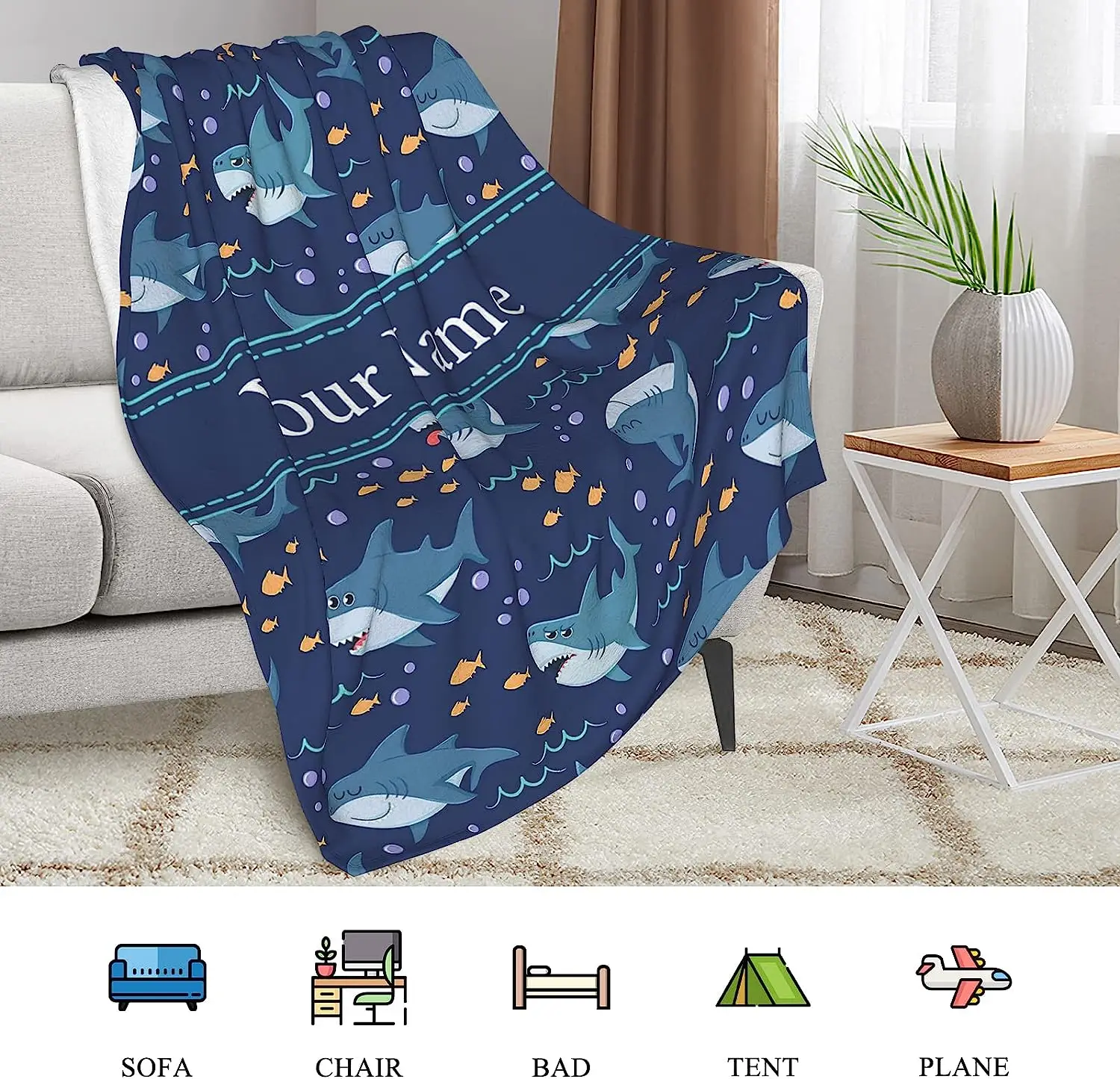 Blue Sharks Blanket, Customized Name Shark Blanket Gifts for Kids Adults, Soft Cozy Flannel Fleece Throw Blanket for 4