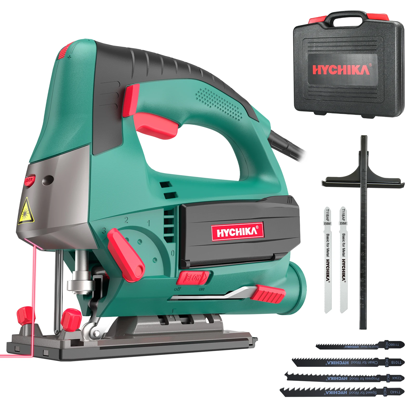 Электрическая ножовочная машина HYCHIKA, инструмент для резки дерева с лазером и максимальным углом наклона 0-45 °, с переносной коробкой