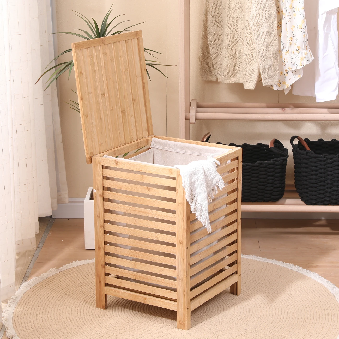79L Large Laundry Basket With Lid, Bamboo Laundry Hamper With Removable Liner Bag, Slim Baskets Sorter For Room,