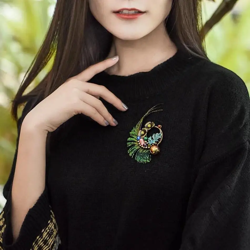 1 Pcs Handmade Peacock Feather Brooch New Ethnic Jewelry Copper Flowers Brooch Glazed Stones Vintage Brooch New