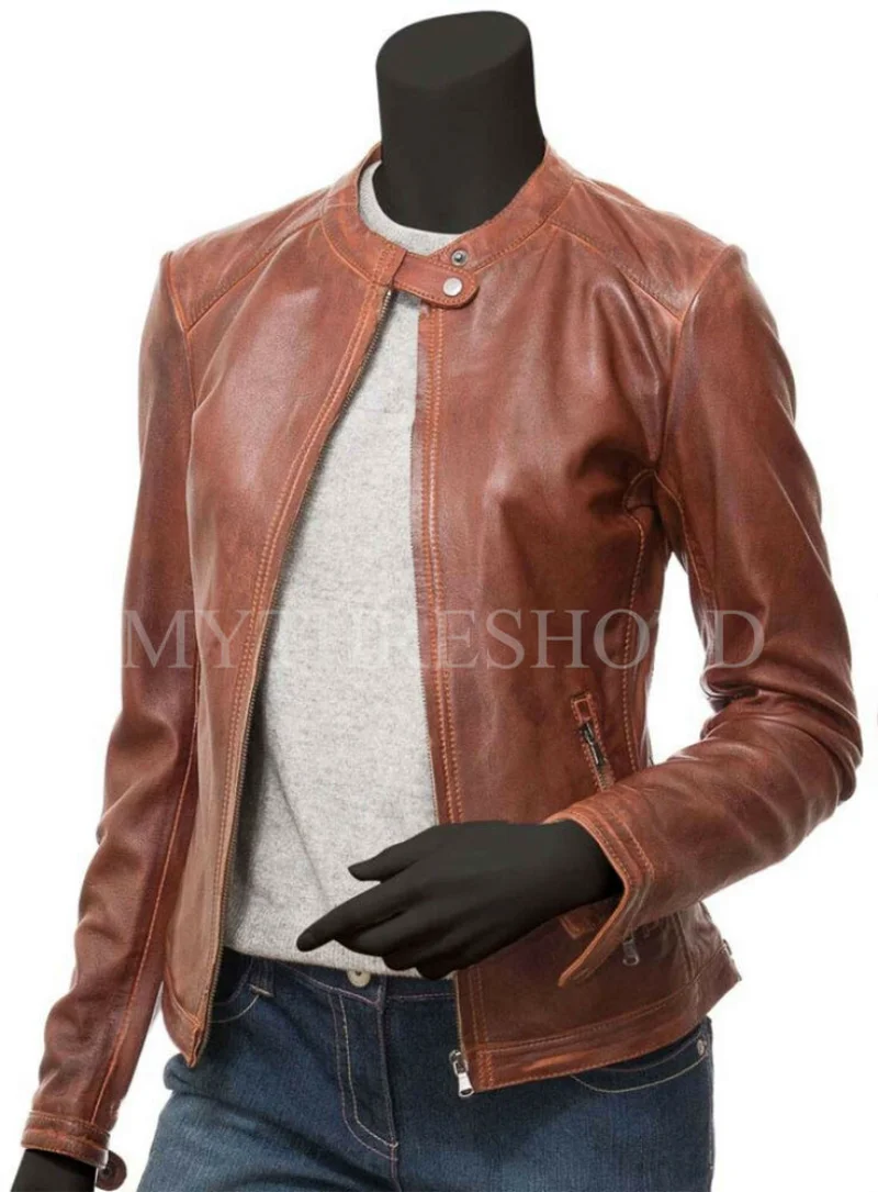 Womens Biker Motorcycle Vintage Brown Stylish Genuine Real Leather Jacket