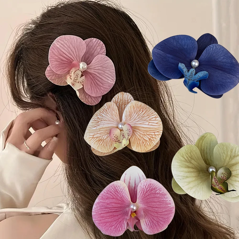 

Bohemian Artificial Phalaenopsis Hair Barrette Pearl Butterfly Floral Side Bangs Duckbill Clip For Girls Summer Beach Headwear