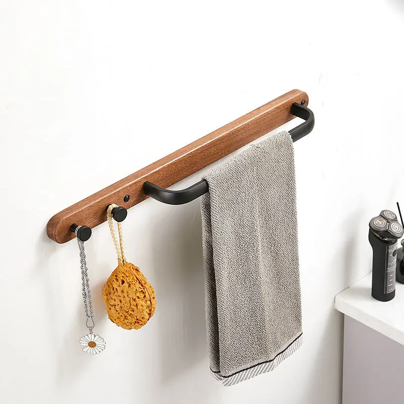 

Wood and Space aluminum Black Towel Bar Nail-free Bathroom Towel Rack With Double Towel Hooks Bathroom Hardware Accessories