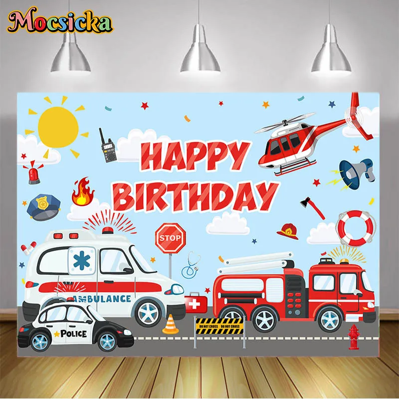 

Fire Truck Background Cartoon Blue Sky White Clouds Emergency Rescue Backdrop Boy Firefighter Fire Truck Kids Birthday Decor