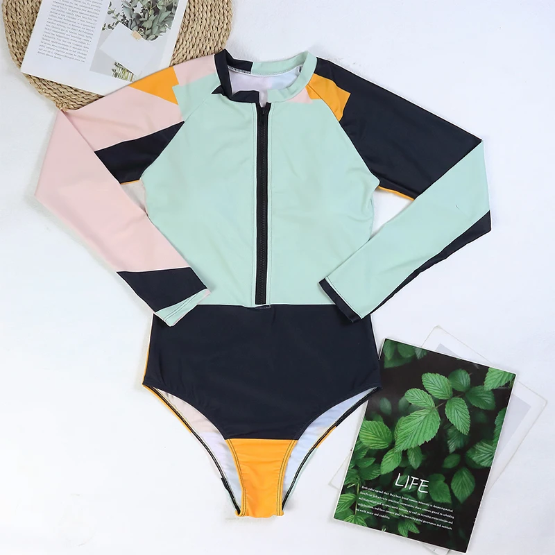 Sexy Zipper One Piece Swimsuit Long Sleeve Women Floral Print