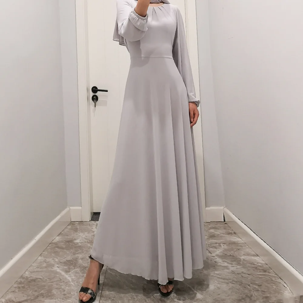 

Women's Chiffon Long-Sleeved Dress, Muslim Fashion, Solid Color, Elegant, Summer