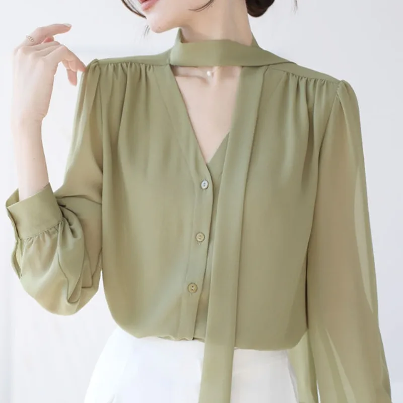 V-neck Bubble Sleeve Casual Ribbon Chiffon Shirt for Women Blouses 2024 Underwear Spring Shirts Autumn New Shellort Top Chemise modern qiuyi qiuku set breastfeeding moonwear underwear autumn and winter modal pajamas cotton sweater