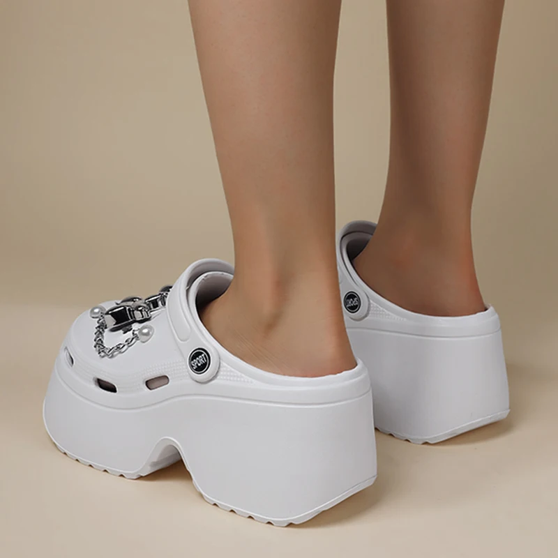 Women Sandals Silver Platform Clogs Summer Slip On Wedge Chain Thick Sole Garden Shoes