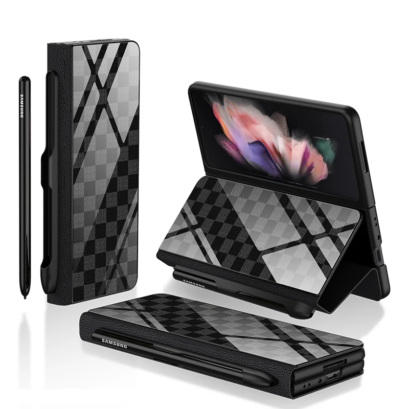 Luxury Plating Tempered Glass Case for Samsung Galaxy Z Fold 3 5G Marble Cases Plastic Frame Hard Glass Cover for Galaxy Z Fold3