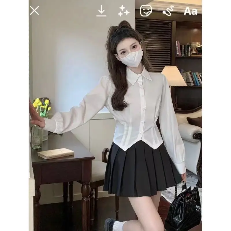 Camisa corta blanca de manga larga para mujer, túnica ajustada con botones, blusa básica, blusa escolar, blusa formal de cola de golondrina para mujer