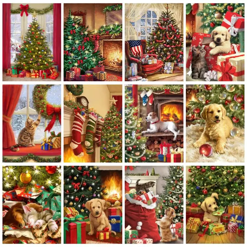 

RUOPOTY Painting By Numbers For Adults Kits Indoor Christmas Trees and Small Animals Home decoration