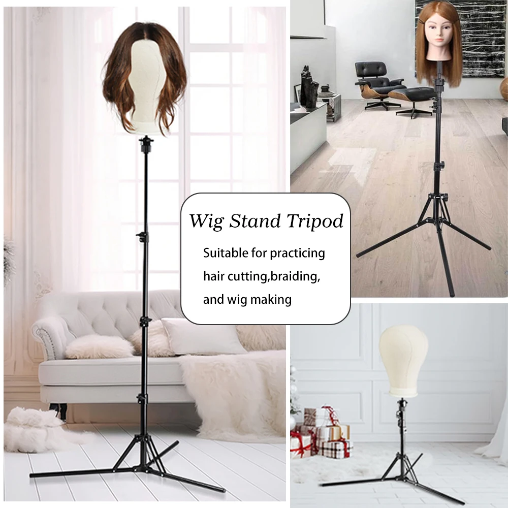 Canvas Block Head Mannequin With Adjustable Tripod Wig Stand_voghion.com