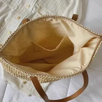 حقيبة كتف للشاطئ منسوجة صيفية فرنسية، حقيبة حمل مفردة بنمط مضفر، حقيبة ترفيهية للإبط، حقيبة تسوق كبيرة للنساء 4