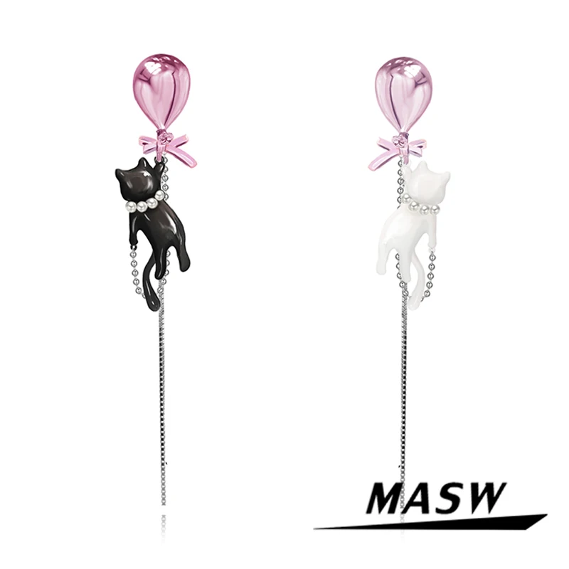 

MASW Original Design Lovely Style High Quality Brass White Black Asymmetrical Cat Dangle Earrings For Women Girl Party Gift