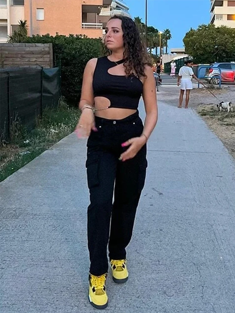 High Street Grunge Chain Cut Out Crop Top Women Summer Y2K Clothes Solid Black Asymmetrical Neck Sleeveless Tank Top Streetwear - Image 5