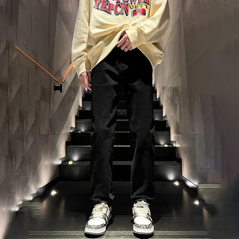 

TFETTERS Spring Autumn Gothic Men Jeans Side Splits Zipper Mid Rise Fashion Black Denim Pants Straight Leg Streetwear Men Pants