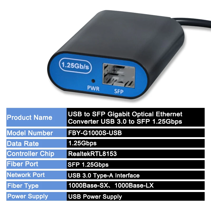 SFP to USB3.0 Gigabit Fiber Ethernet Network Adapter 1000Mbps SX/LX SFP Transceiver Converter Realtek RTL8153 Optical Switch