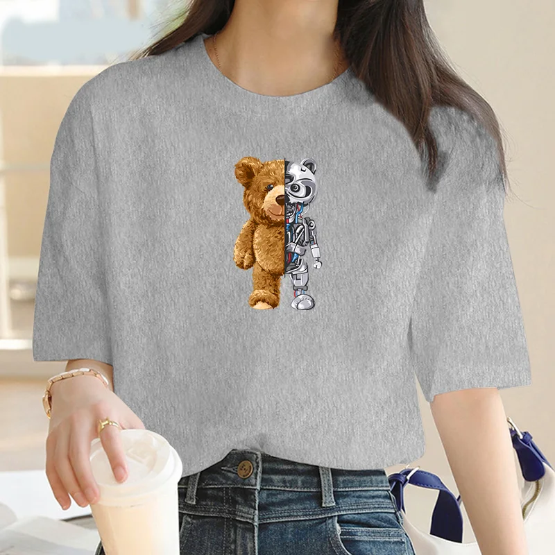 Funny Teddy Bear Robot Tshirt Robotic Bear Men Short Sleeve Fashion Casual Clothing Summer Cotton Tees Oversized Street T-Shirts