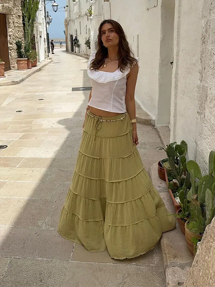 

Летнее шикарное женское однотонное зеленое платье с многослойными оборками, элегантное Свободное длинное платье на шнуровке с высокой талией, модные женские уличные платья