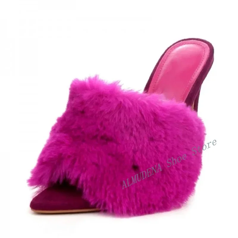 

Fuchsia Suede Open Toe Stiletto Heels Furry Mule Heels Sexy Pointed Toe Fashion 2024 Autumn Winter Dress Slippers