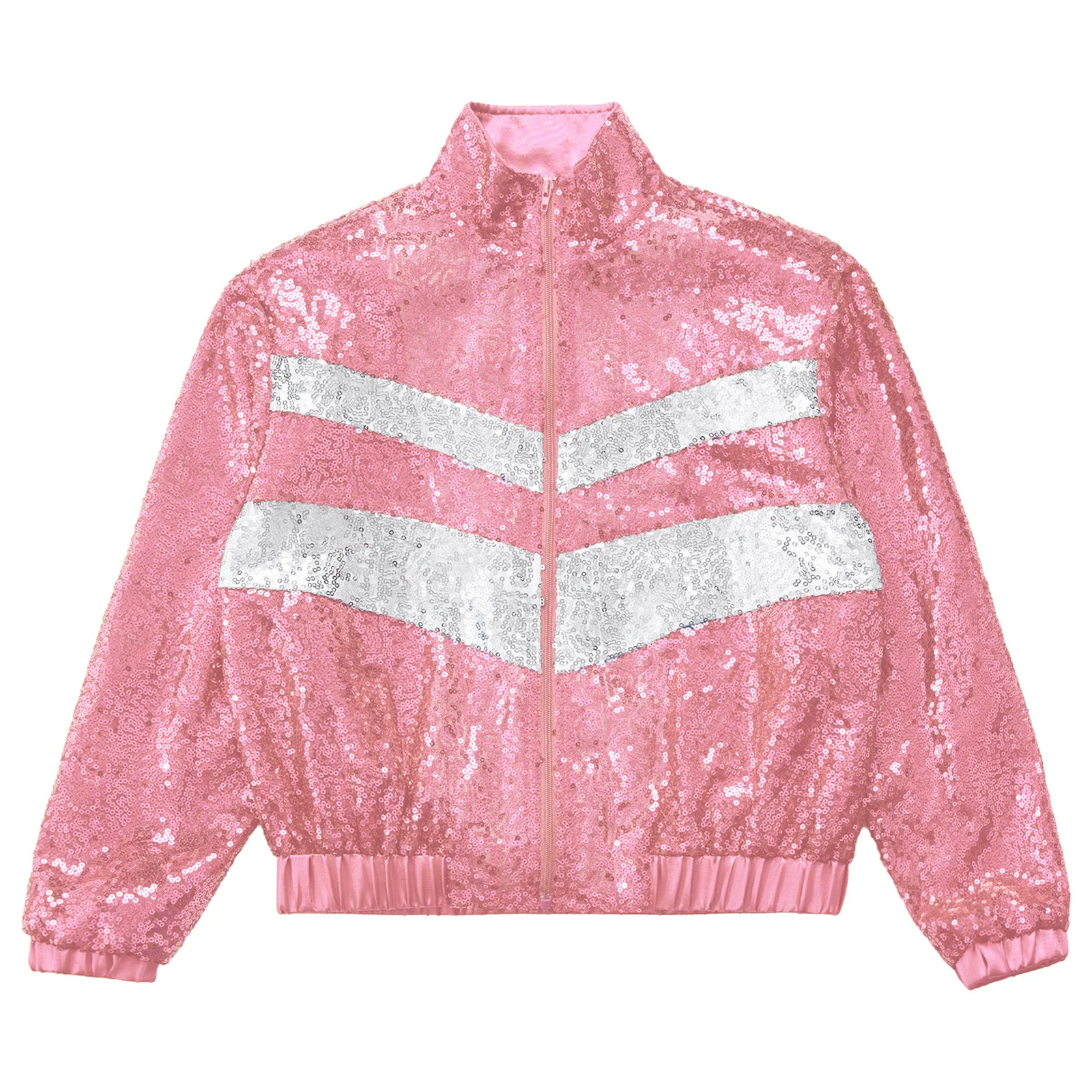 Kinder Mädchen Mode Pailletten Bomber Jacke Mantel Frühling Herbst Jazz Dance Performance Kostüm Reißverschluss Farbe Block Oberbekleidung Großhandel – Detail 8