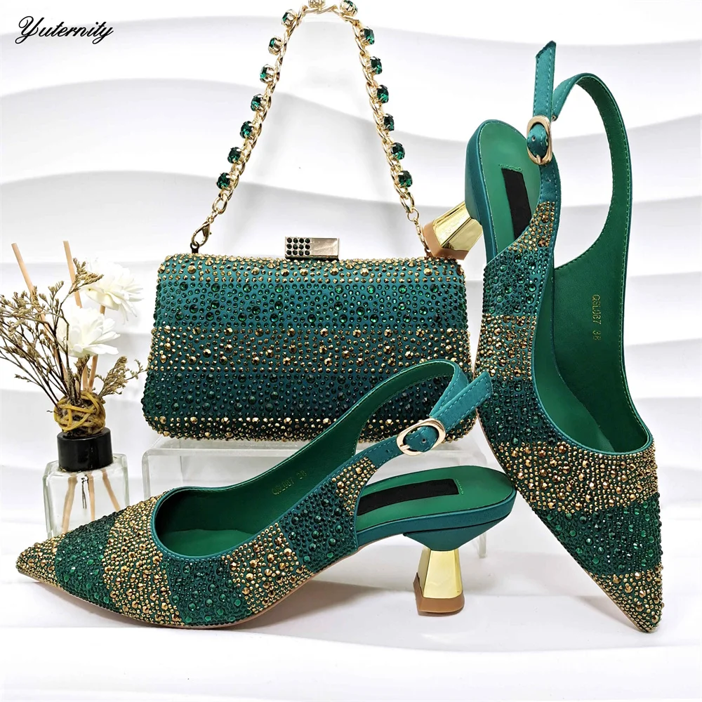 

Summer Style Elegant Pointed Toe Shoes And Bag To Match Set Italian Rhinestone Woman High Heels Shoes And Bag Set For Party