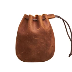 Vintage Genuine Leather Coin Purse and Wallet with Drawstring Closure (Vintage Brown)