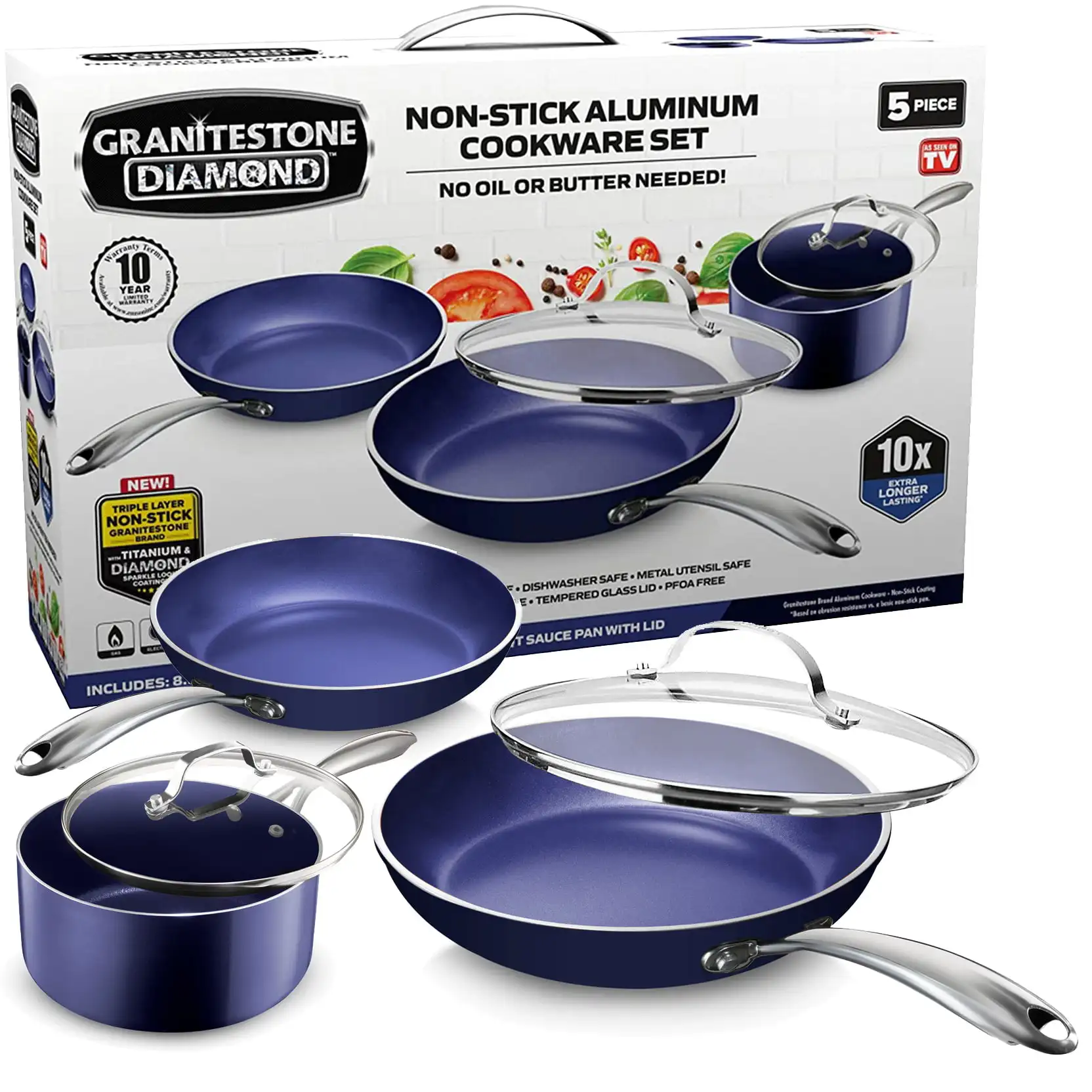 Granite Stone Pots and Pans Set, 10 Piece Complete Cookware Set, Nonstick,  Dishwasher Safe, Blue