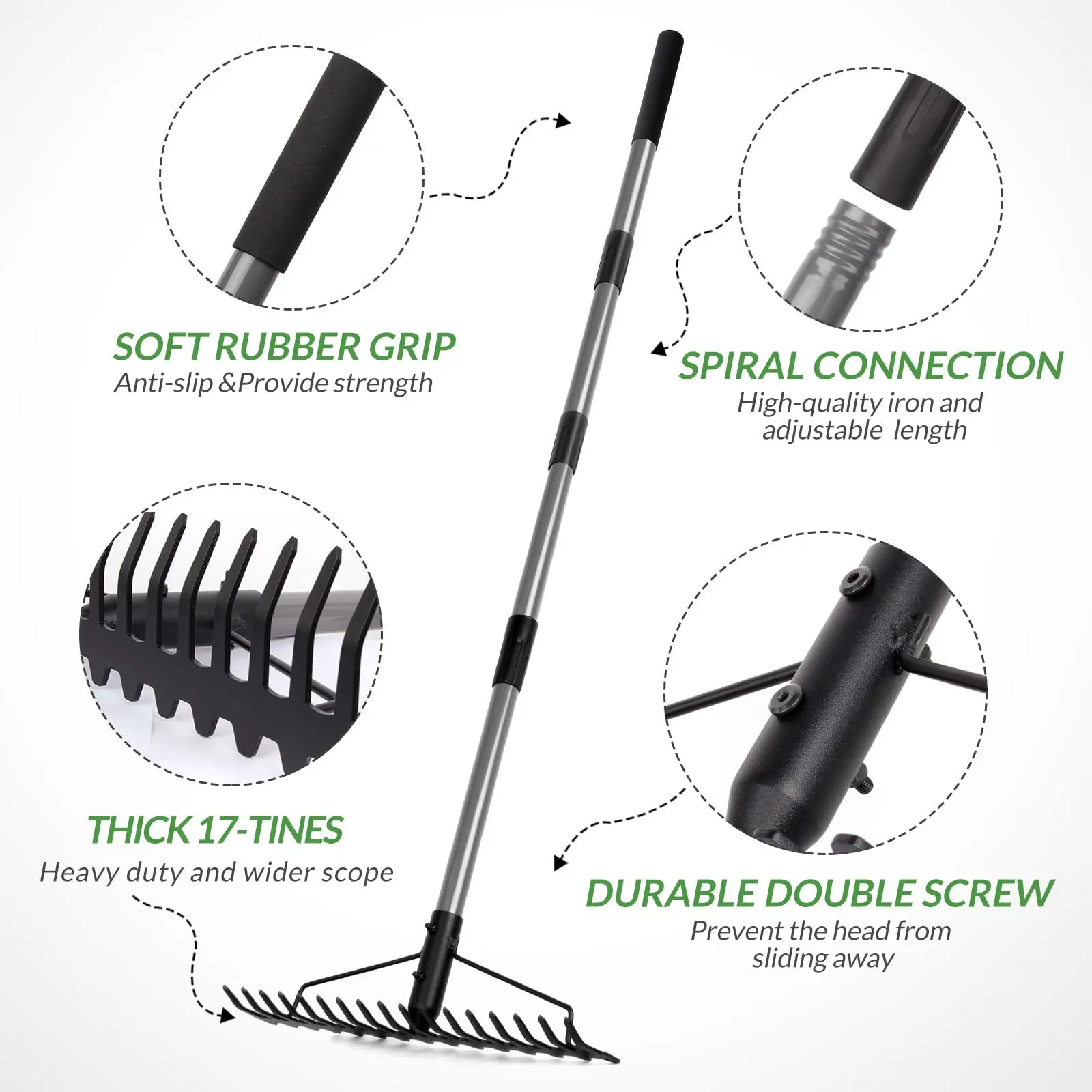 Stainless Steel Garden Rake Adjustable Handle Garden Tool for Cleaning Weeds and Loose Soil Agricultural Rake Accessories