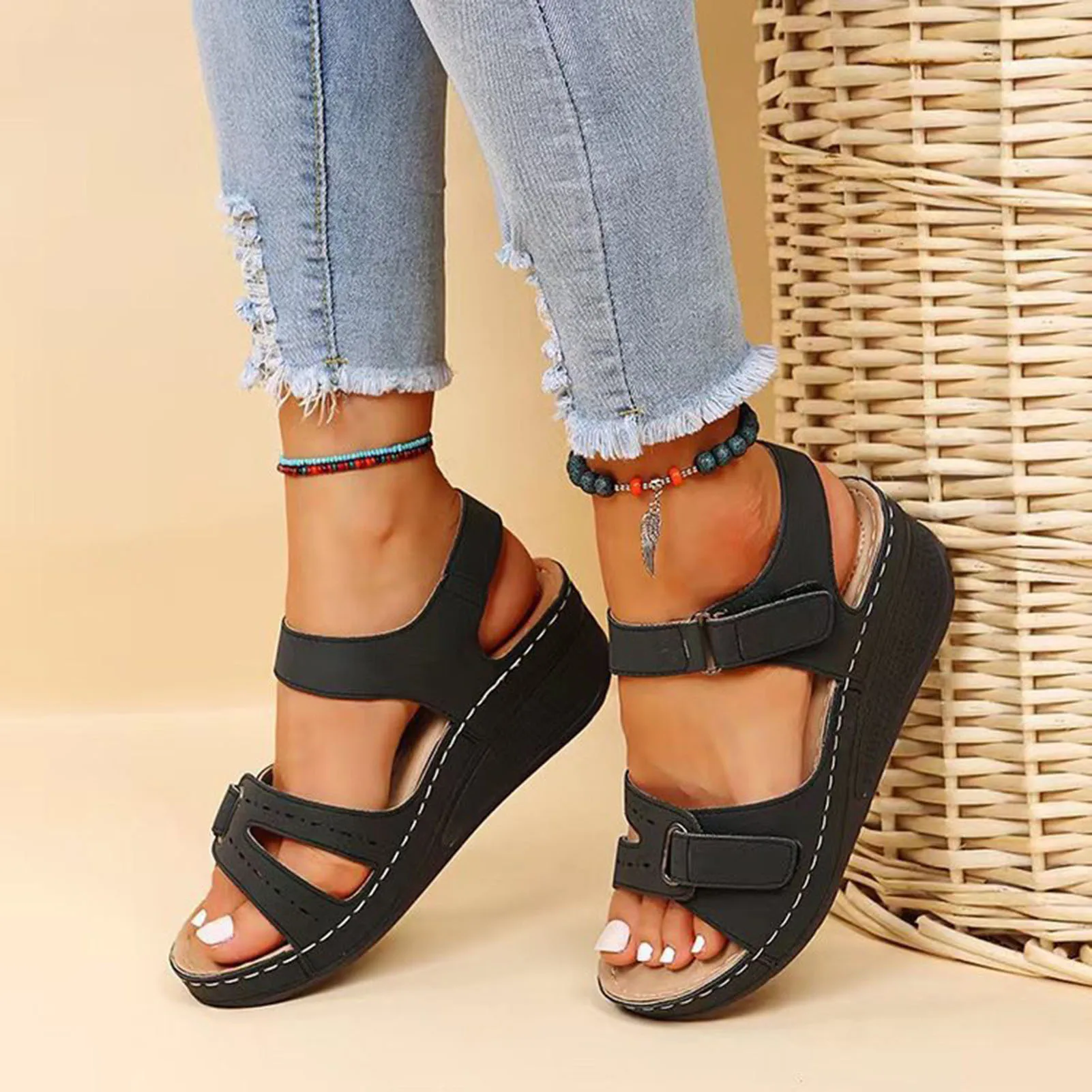 PU Women Chunky Platform Sandals Casual Soft Open-Toe Sandals without Grinding Feet for Walking Shopping Stroll 4
