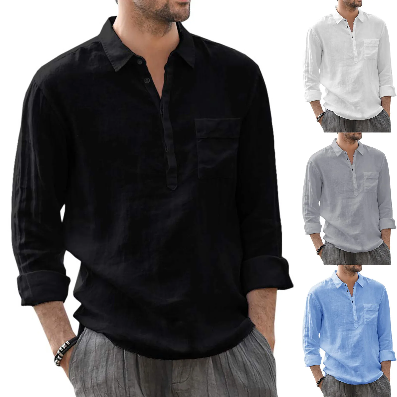 

Linen Shirts Men's Long-Sleeved Solid Color Casual Shirt Lapel Collar Casual Fashion Beach Style Shirt Tops Blouse Male Clothing