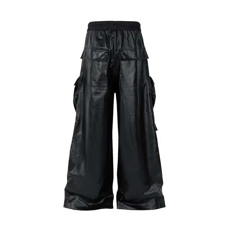 Men's Work Pants PU Leather Pocket Wide Leg Trousers Solid Color Darkwear Male Casual FEWQ 21Z7056 men trousers leather pants