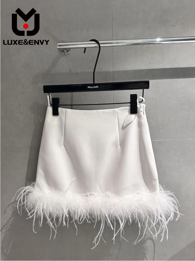 

LUXE&ENVY Melbourne Spicy Girl Short Skirt Spring New Ostrich Fur Edge Design Solid Color Versatile Half Skirt