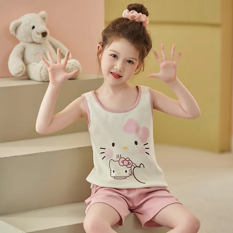 

Kawaii Sanrio Cotton Y2K Hello Kitty Kids Camisole Pajamas Kuromi Cinnamoroll Cartoon Homewear Cute Spring Summer Set Girl Gift
