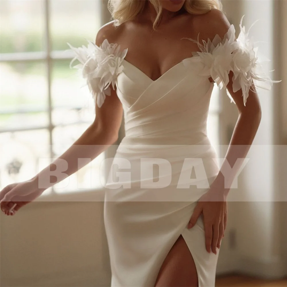 Classic Mermaid Flowers Wedding Dress Off The Shoulder Sweetheart Pleat Split Open Back Bridal Gown Vestido De Noiva Customized 4