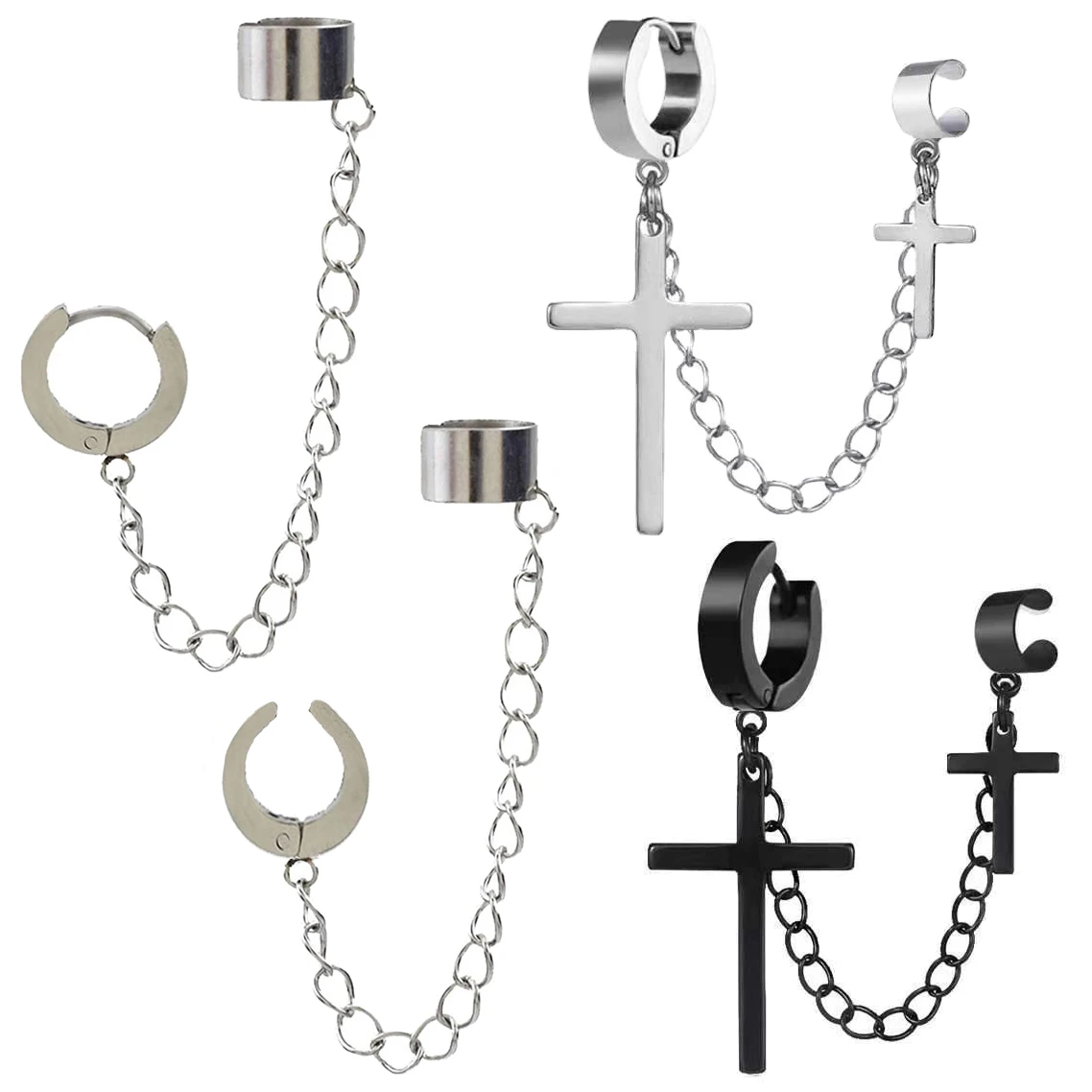 Punk One-peice Tassel Clip Earrings Cross Hoop Earrings for Women Teens Men Ear Cuffs Alloy Hip Hop Jewelry Earing Metal Chain