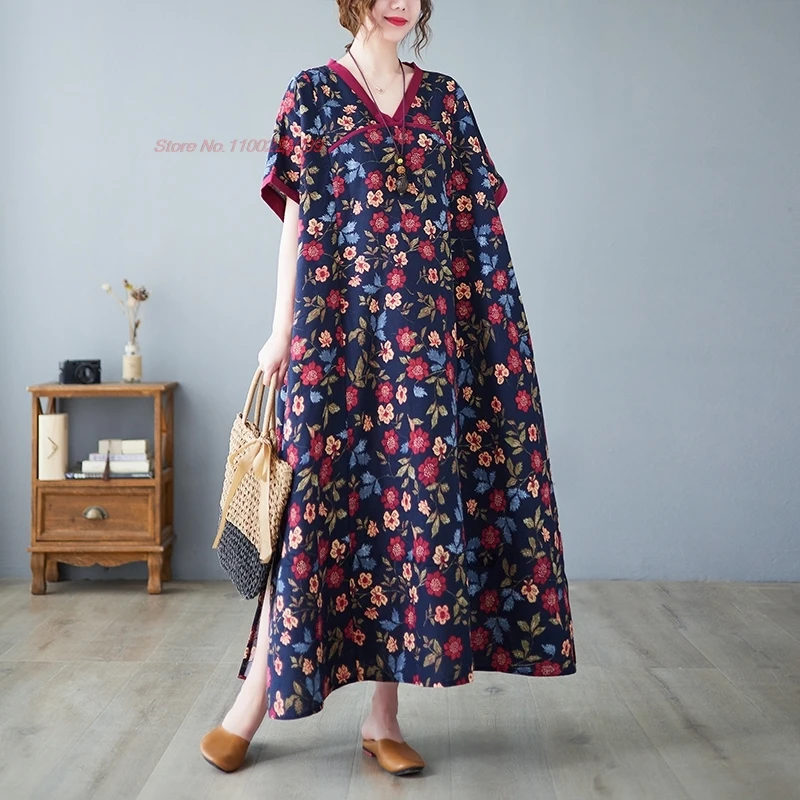 

2024 chinese traditional dress national v-neck folk dress retro flower print hanfu dress oriental a-line beach bohemian dress