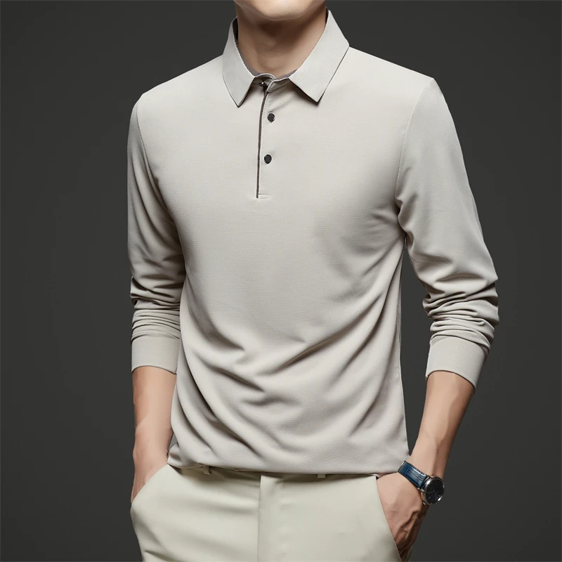 Neues Herren-Poloshirt, Business-Casual, langärmelig, einfarbig, modisch, warm, bequem, vielseitiges Oberteil für vier Jahreszeiten – Detail 12