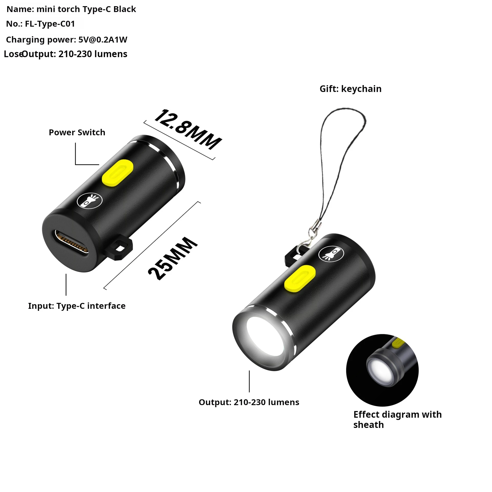 Keychain LED Flashlight Mini Type-C Powered 6g Ultra-Lightweight Aluminum Alloy 210-230LM for Camping Hiking EDC