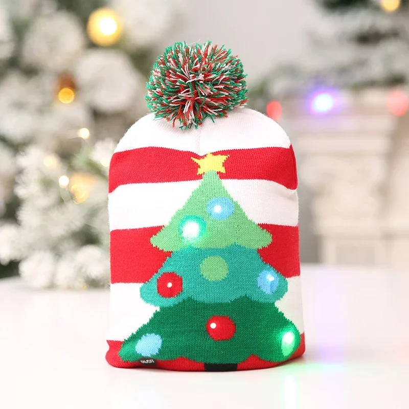 LED Knitted Christmas Hat Scarf For Adults And Children Light Up Beanie Illuminate Warm Hat New Year Christmas Decor With Ball