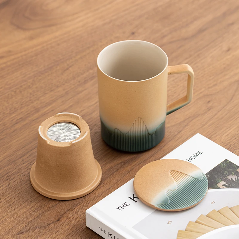 Creative Ceramic Gradient Color Tea Cup, with Cover, Chinese Style Office Supplies, Handle, Tea Water Filter Separation Mug, 1Pc