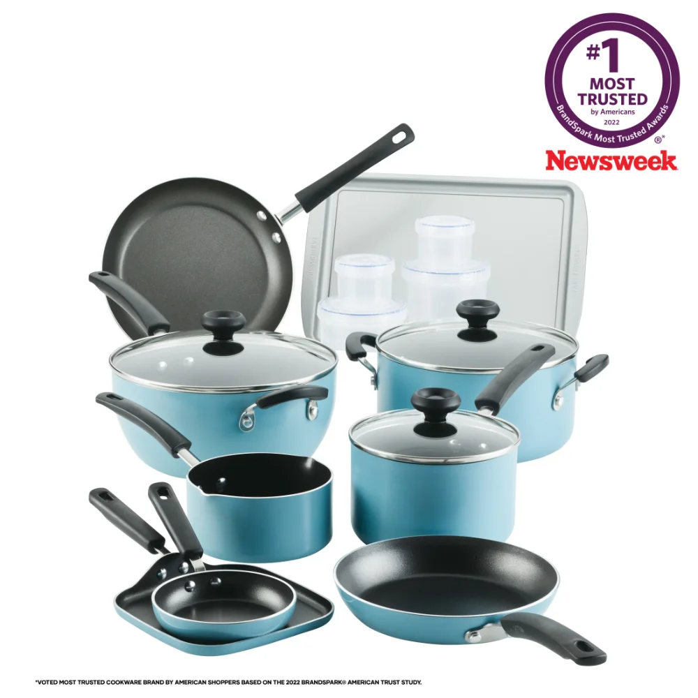 

NoEnName_Null 20 Pc Easy Clean Aluminum Nonstick Cookware Pots and Pans Set, Aqua and Gray, Non Stick Cooking Pot Set