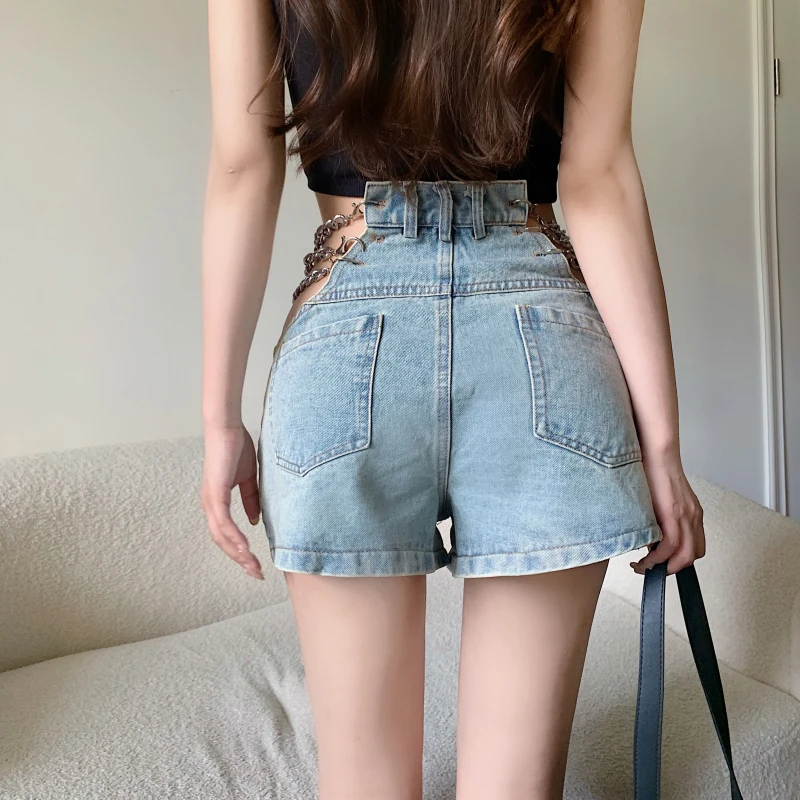 black denim shorts Fashion New Arrival Women Shorts Sexy Denim Shorts Chain Hollow Out High Waisted Summer Light Blue Mini Jeans Shorts Hot Ladies chino shorts