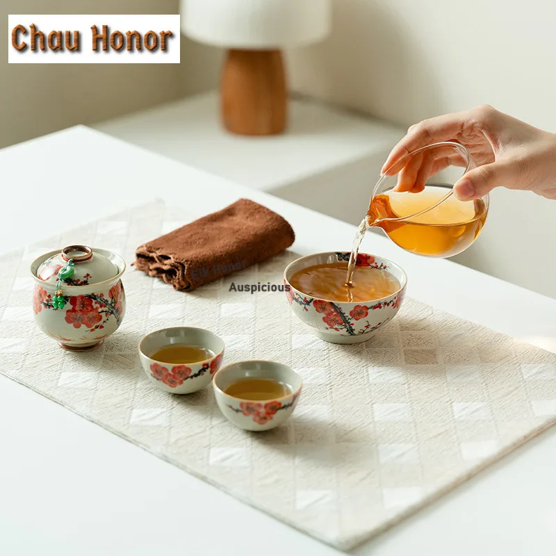 Pure Hand-painted Plum Blossom Tea Set Complete Set Boutique Tea Ceremony Set Teapot and Tea Cup Set Tea Services Decoration