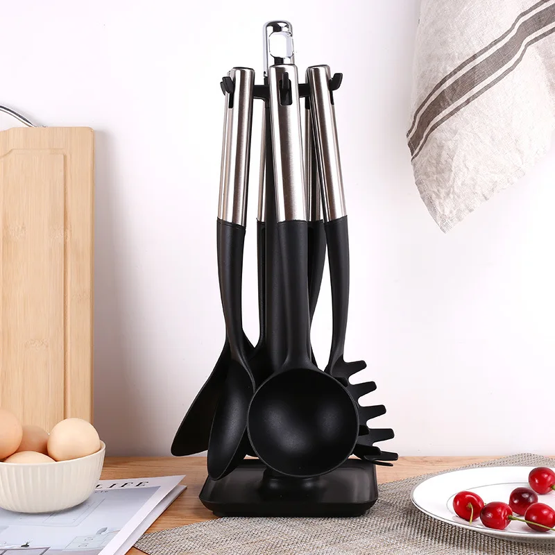 7PC Stainless Steel Handle Nylon Kitchenware Black Anti-Scald Spatula Soup Spoon Colander Dense Spoons Household Cooking Tools