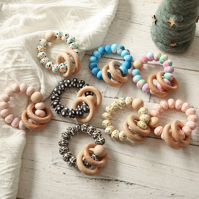 

1PC Baby Teether BPA Free Wooden Teether Bracelet Food Grade Silicone BPA Free Newborn Baby Soothe Rattle Baby Bites Toy