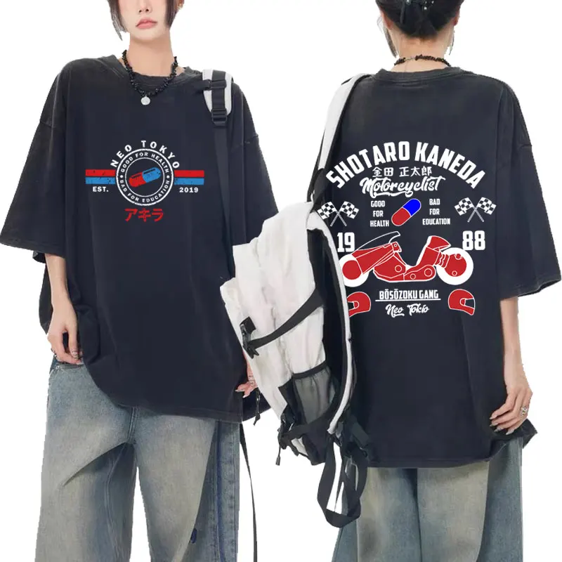 

Japan Manga Print T-shirt Men's Anime Wash Vintage Black Tshirt Neo Tokyo Akira Movie Science Fiction Shotaro Kaneda T Shirts